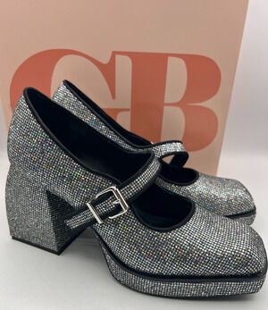 GB 2-NIGHT Women’s Size 9 Silver Glitter Mary Jane Platform Block Heels Shoes